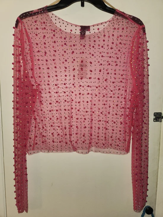 Windsor Pink Beaded Sheer Long-Sleeve Crop Top - Picture 2 of 3